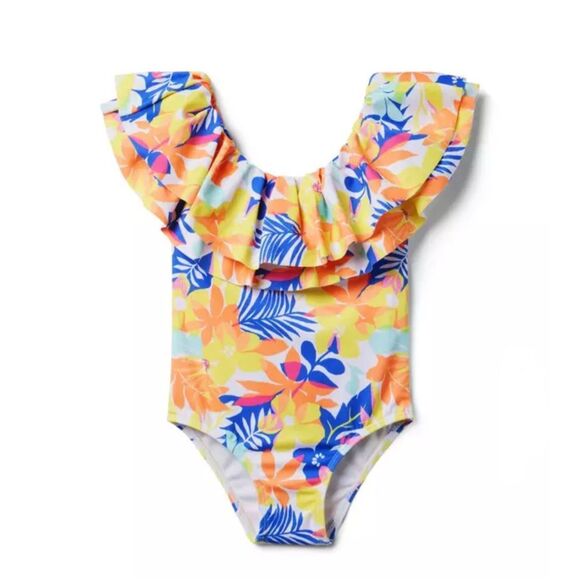 Janie & Jack Recycled Palm Floral Ruffle Swimsuit in Yellow Floral Size 18/24 M